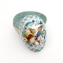 3-1/2" Peter Rabbit and Friend Blue Gingham Papier Mache Easter Egg Container ~ Germany